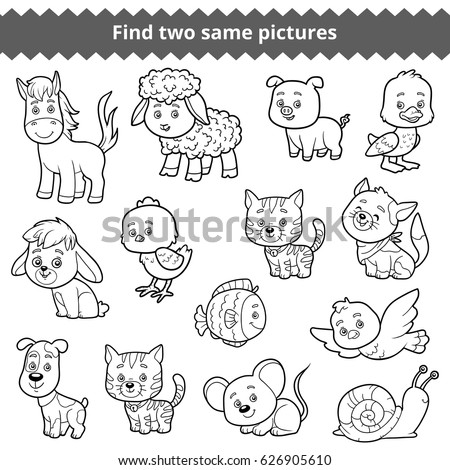 Find two identical pictures, education game for children, vector set of farm animals