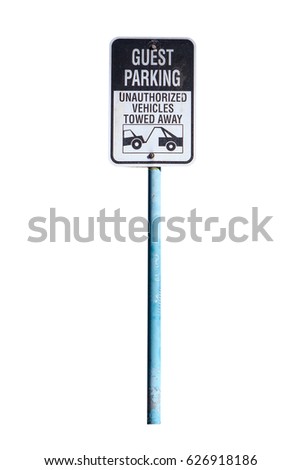 Guest parking sign on a blue metal pole isolated on white background