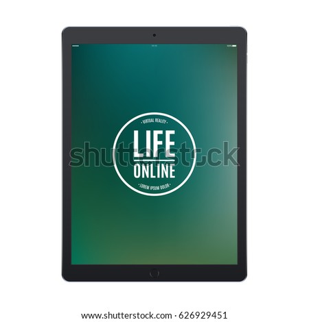 tablet black matte color with colored touch screen saver isolated on white background. realistic and detailed device mockup. stock vector illustration