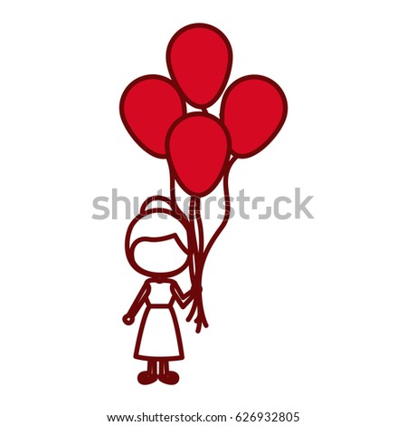 red silhouette of caricature faceless girl with dress and many balloons vector illustration
