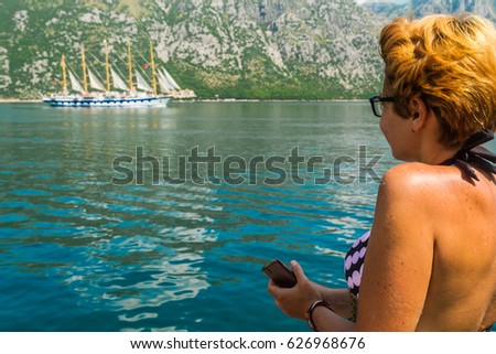 Big Ship with sails in the bay. Great Sailing Yacht. Kotor Bay, Montenegro. Vacation in Europe