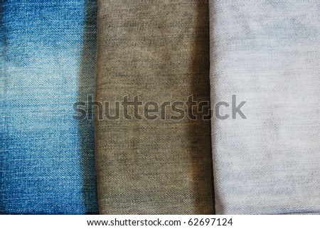 three color jeans texture closeup detail as a background picture