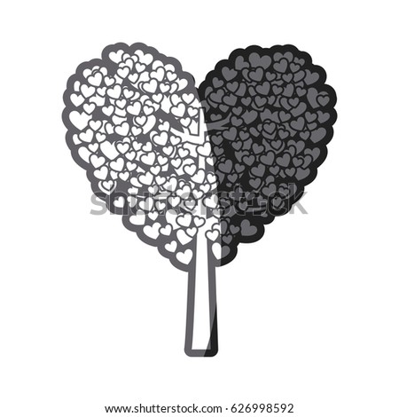grayscale thick silhouette of tree with leaves in shape of heart vector illustration