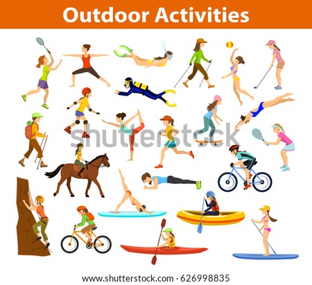 Summer Outdoor, beach sports and activities set. Woman do yoga, running, cycling, travel with mountain bike backpack, paddle, kayaking, climbing, rafting,snorkel, hiking, plays tennis, golf,badminton