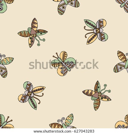 Vector hand drawn seamless pattern, decorative stylized childish butterflies. Doodle style, tribal graphic illustration Cute hand drawing in vintage colors. Series of doodle, cartoon, illustrations