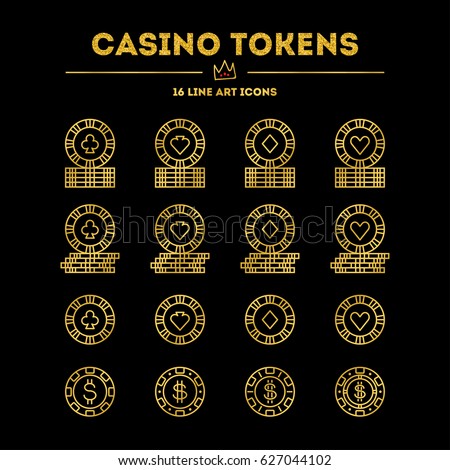Casino tokens (gold gradient edition with glitter) Vector icon (logo) set. 16 objects. All objects are Isolated.