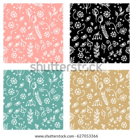 Set of seamless vector patterns, hand drawn background with flowers, branch, leaves, dots. Hand sketch drawing. Doodle funny style. Series of Hand Drawn seamless childish Patterns.