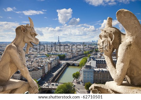 Notre Dame of Paris: Stryge and demon, most famous of all Chimeras, overlooking the skyline of Paris at a summer day (composition) Royalty-Free Stock Photo #62710501
