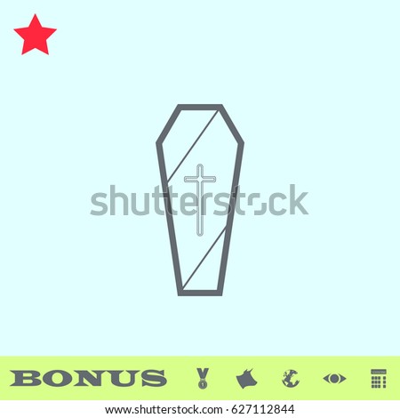 Coffin icon flat. Grey pictogram on blue background. Vector illustration symbol and bonus buttons medal, cow, earth, eye, calculator