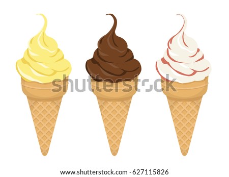 Vector cartoon set of three ice cream cones - vanilla, chocolate and cream with strawberry - illustration isolated on white background