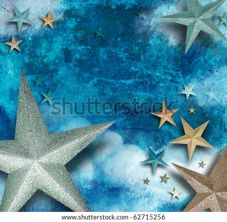A blue star background for a holiday, fantasy or magic theme. There are sparkling stars with shadows and the backdrop is rough and textured.