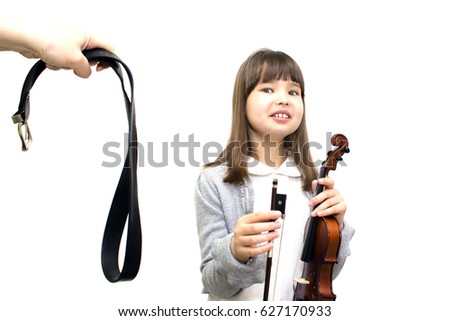 parents force the child to play the violin. on white background.