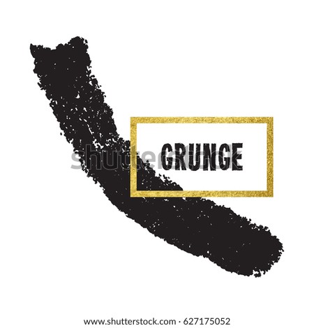 Vector illustration of brush stroke. Hand drawn by black paint grunge texture. Blot of ink with gold frame isolated on white background.