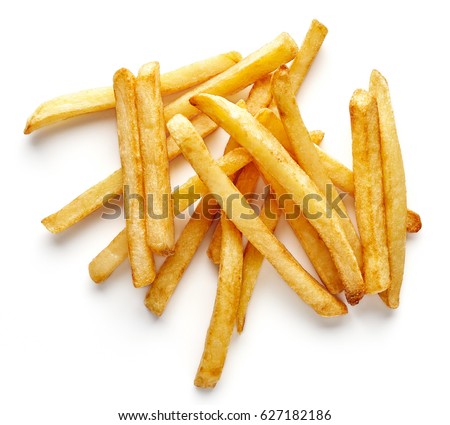 Heap of french fries isolated on white background, top view Royalty-Free Stock Photo #627182186