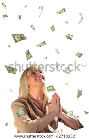 Prayer middle-aged businesswoman and dollar fall collage