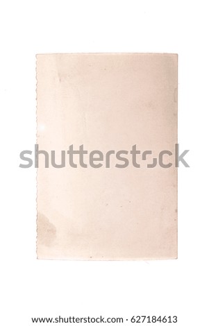 Vintage and antique art concept. Front view of blank old aged paper sheet as dirty frame with stains isolated on a white background. Detailed closeup studio shot.