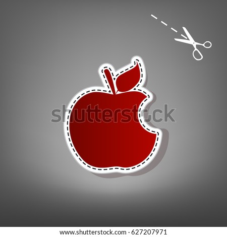 Bite apple sign. Vector. Red icon with for applique from paper with shadow on gray background with scissors.