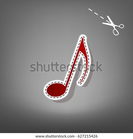 Music note sign. Vector. Red icon with for applique from paper with shadow on gray background with scissors.