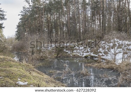 Early spring. Landscape with forest river and last snow