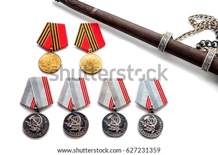 Concept May 9 St.Georges Ribbon medal award blade old photos. Victory Day. May 9