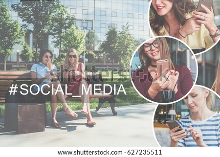 Social media.Summer sunny day,two young laughing women sitting on park bench and using smartphones.In right part of image there are round icons with image of girls with smartphones.Girls chatting.