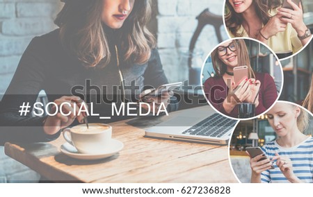 Social media.Young woman sitting in coffee shop at table,drinking coffee and using smartphone.In right part of image there are round icons with image of girls with smartphones.Girl chatting,blogging.