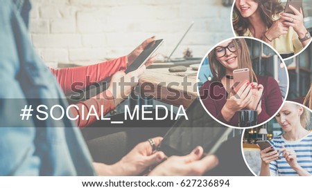 Social media.Closeup of smartphone and digital tablet in hands of young women sitting at table in cafe.In right part of image there are round icons with image of girls with smartphones.Girls blogging.