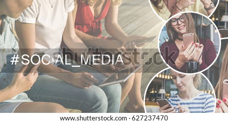 Social media.Summer day. Close-up of smart phones and a digital tablet in the hands of young women sitting outdoors.In right part of image there are round icons with image of girls with mobile phones.