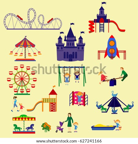 Amusement Park  and playground vector illustration.Children play in the playground.
