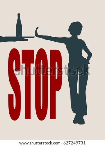 A young woman holding her hand in front to show stop gesture and rejects alcohol. No word. Vector illustration