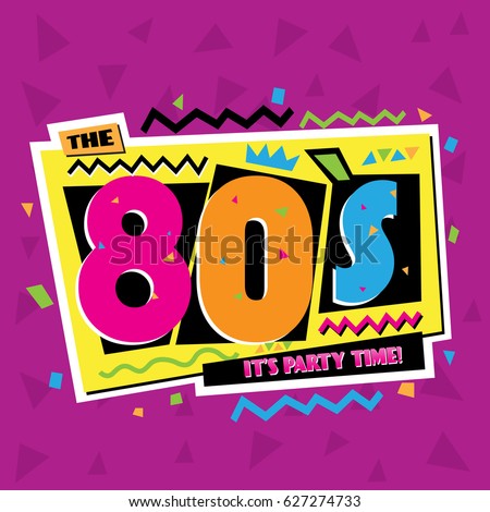 Party time The 80 s style label. Vector illustration retro background Royalty-Free Stock Photo #627274733