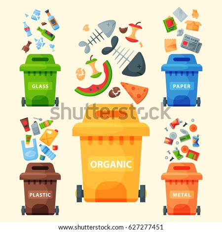 Recycling garbage elements trash bags tires management industry utilize waste can vector illustration. Royalty-Free Stock Photo #627277451