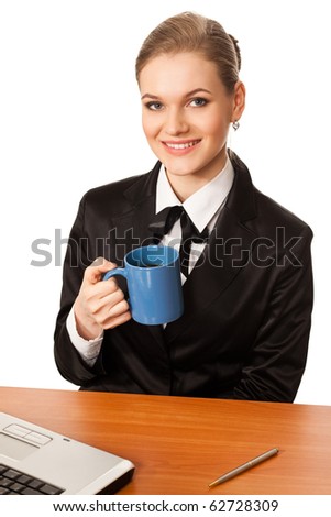 female office worker has coffee break isolated on white background