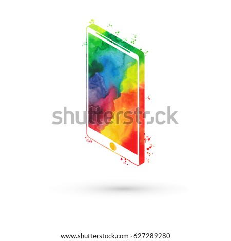 Vector illustration of isometric watercolor smartphone, rainbow paints. Modern smart phone.