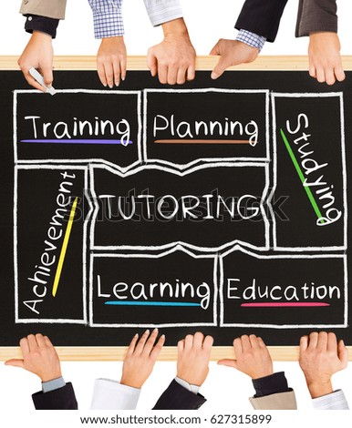 Photo of business hands holding blackboard and writing TUTORING concept