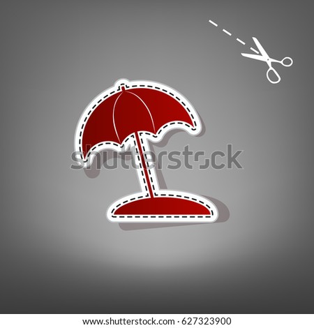 Umbrella and sun lounger sign. Vector. Red icon with for applique from paper with shadow on gray background with scissors.