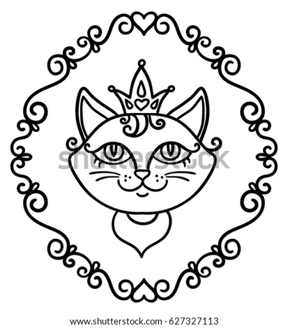 Vector, illustration, outline, medallion, crown, cat, pet, frame, portrait, little princess, coloring page