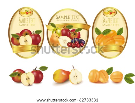 Gold labels with different sorts of fruit. Vector.