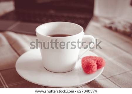 Good morning coffee with small red heart. Retro vintage style. Romantic concept