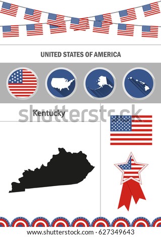 Map of Kentucky. Set of flat design icons nfographics elements with American symbols.