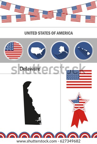 Map of Delaware. Set of flat design icons nfographics elements with American symbols.