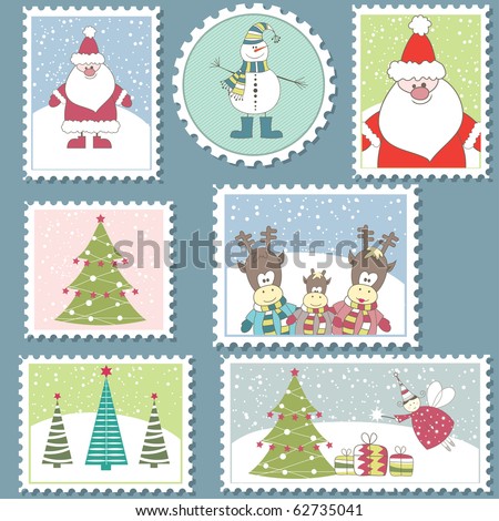 Large Set of colorful Christmas Postage stamps.Vector illustration