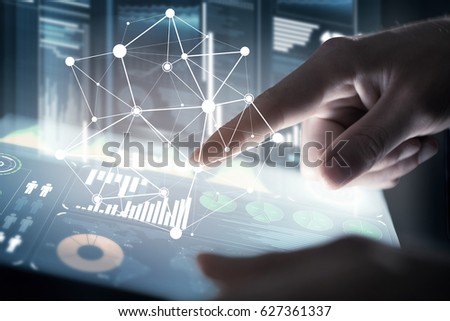 Businessman hand touching with finger virtual panel with infographs