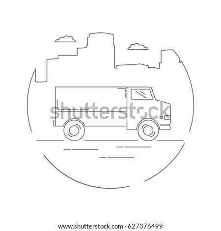 Transportation Icon in linear style with truck side view city delivery a vector. transportation of freights.Contour of buildings of skyscrapers.Transport vehicle car.