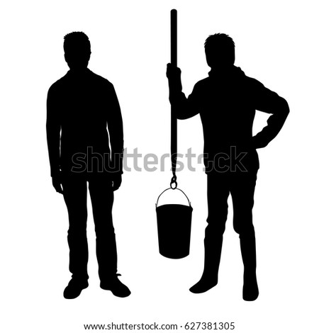 Vector silhouette of a teenager, standing, holding a pole with a bucket of, black color, isolated on white background