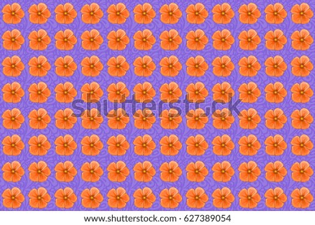 Raster seamless background pattern with stylized cosmos flowers and leaves on a violet background.