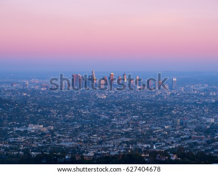 Downtown Los Angeles skyline at sunset. View from Hollywood Hills.