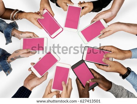 Group of people using mobile phone with blank screen