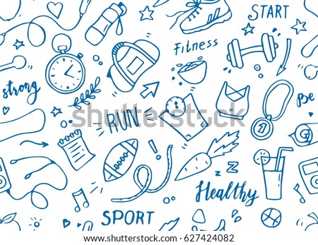 Set of hand drawn sport doodle seamless pattern with ball, bottle, medal, food, diet, fitness, gym elements. Cartoon sketch style background. Vector illustration for healthy and activity life designt.