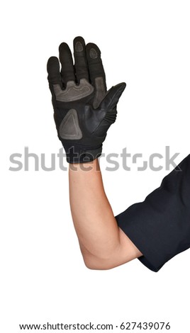 Motorcycle glove and hand signal slow down or stop isolated on white background 